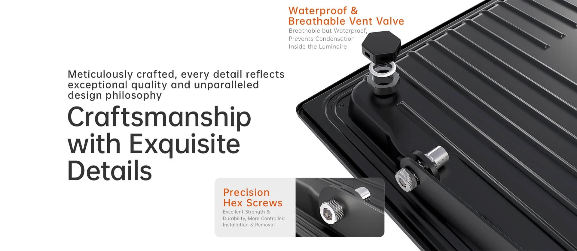 Gaia S flood light waterproof vent valve and hex screw details