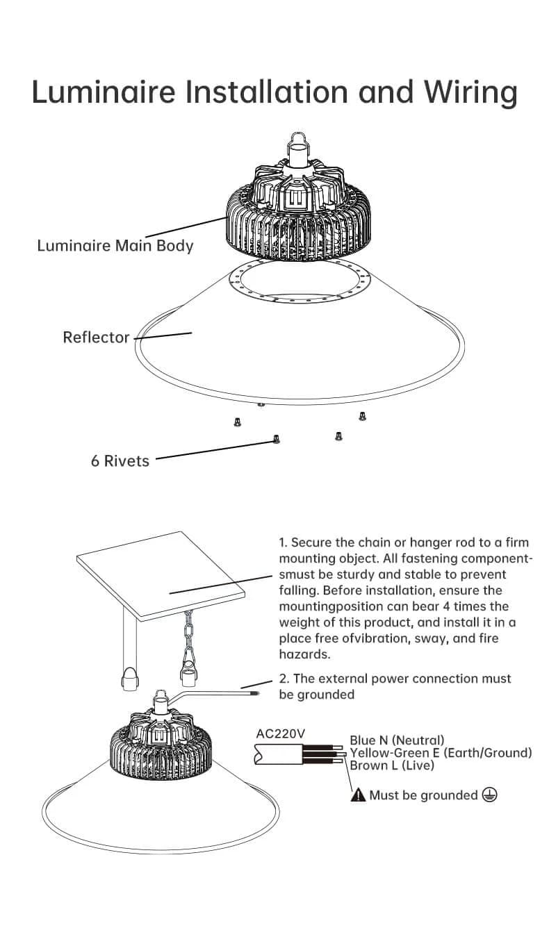 Gaia S high bay light installation and wiring diagram