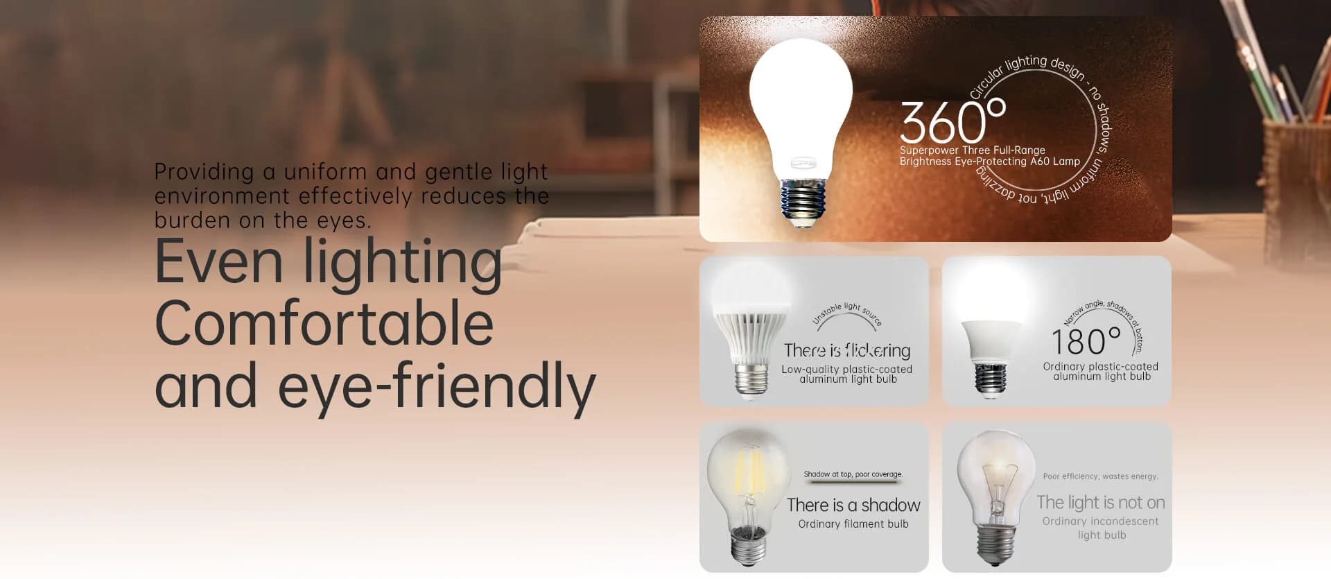 A60 bulb source feature graphic for even and eye-friendly lighting