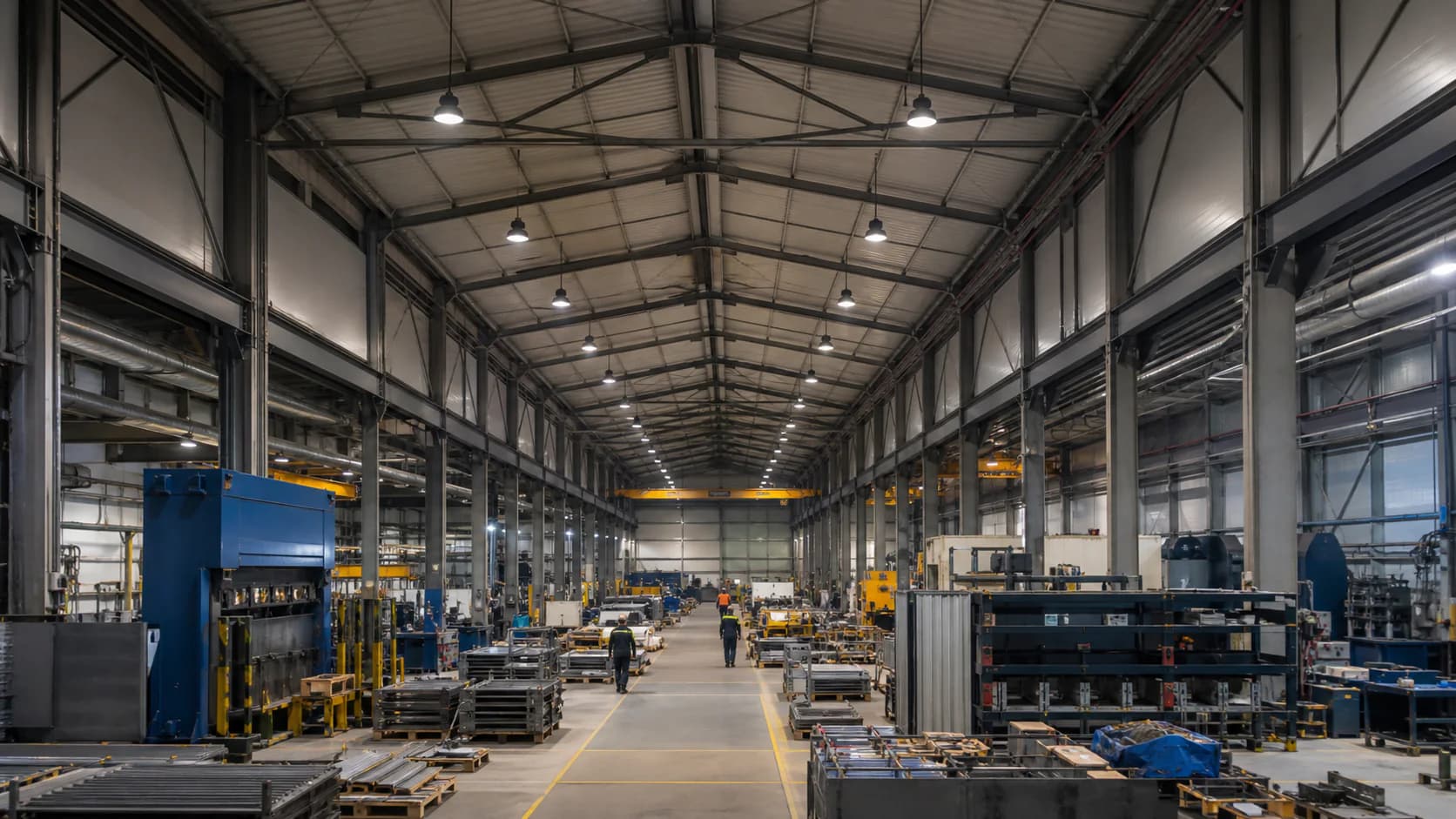 Wide industrial interior showing mounting height, open production zones and racked aisles in one credible project photograph; no staged product close-up.