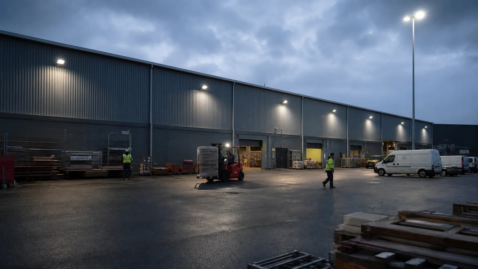 Working yard at shift change with trailers, loading zone, storage and real mounting points visible; document operations without inventing heavy equipment.