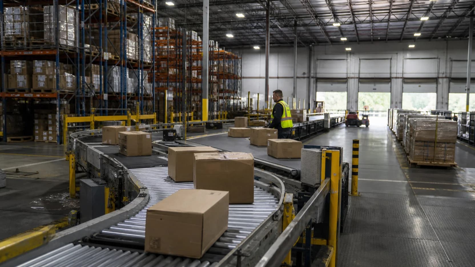 Prawdziwe wnętrze logistyczne z widocznym sortowaniem lub przenośnikami, składowaniem i strefą wysyłki; pokaż strefowanie, nie pustą halę.