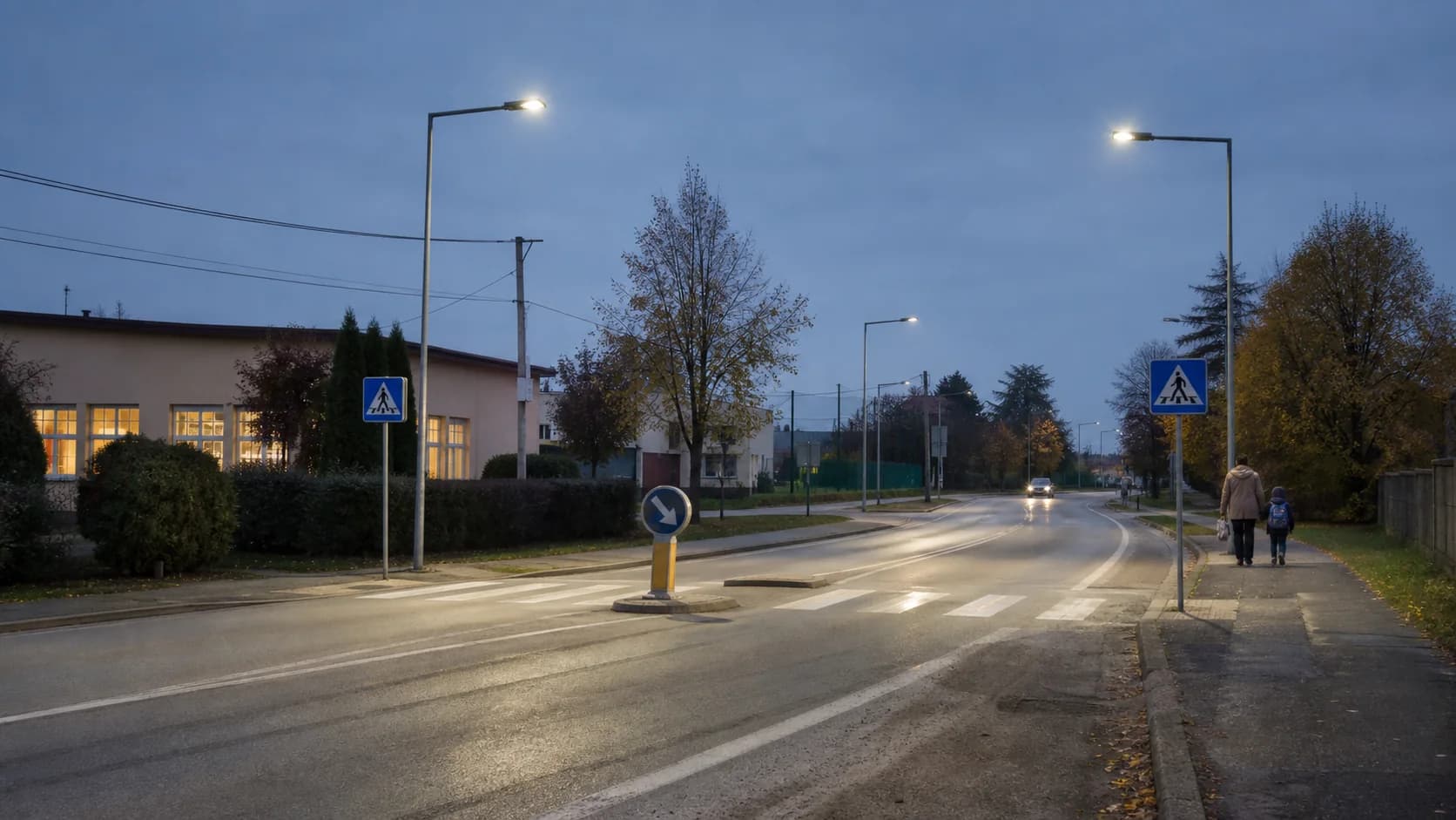 Real marked pedestrian crossing at blue hour from a driver-approach viewpoint, showing poles, approach lanes, refuge and background lighting without adding fictional luminaires.