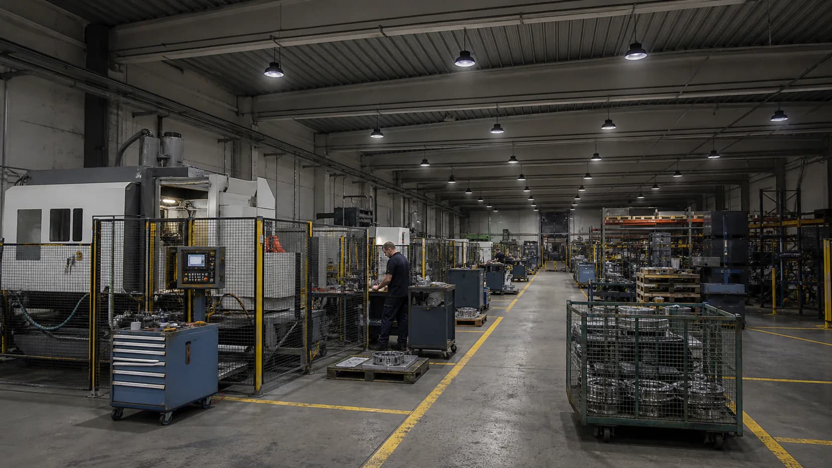 Aktive Produktionshalle mit Maschinen, Aufgabenbereichen, Deckendiensten und realistischen High-Bay-Positionen; keine erfundenen Arbeitsprozesse.